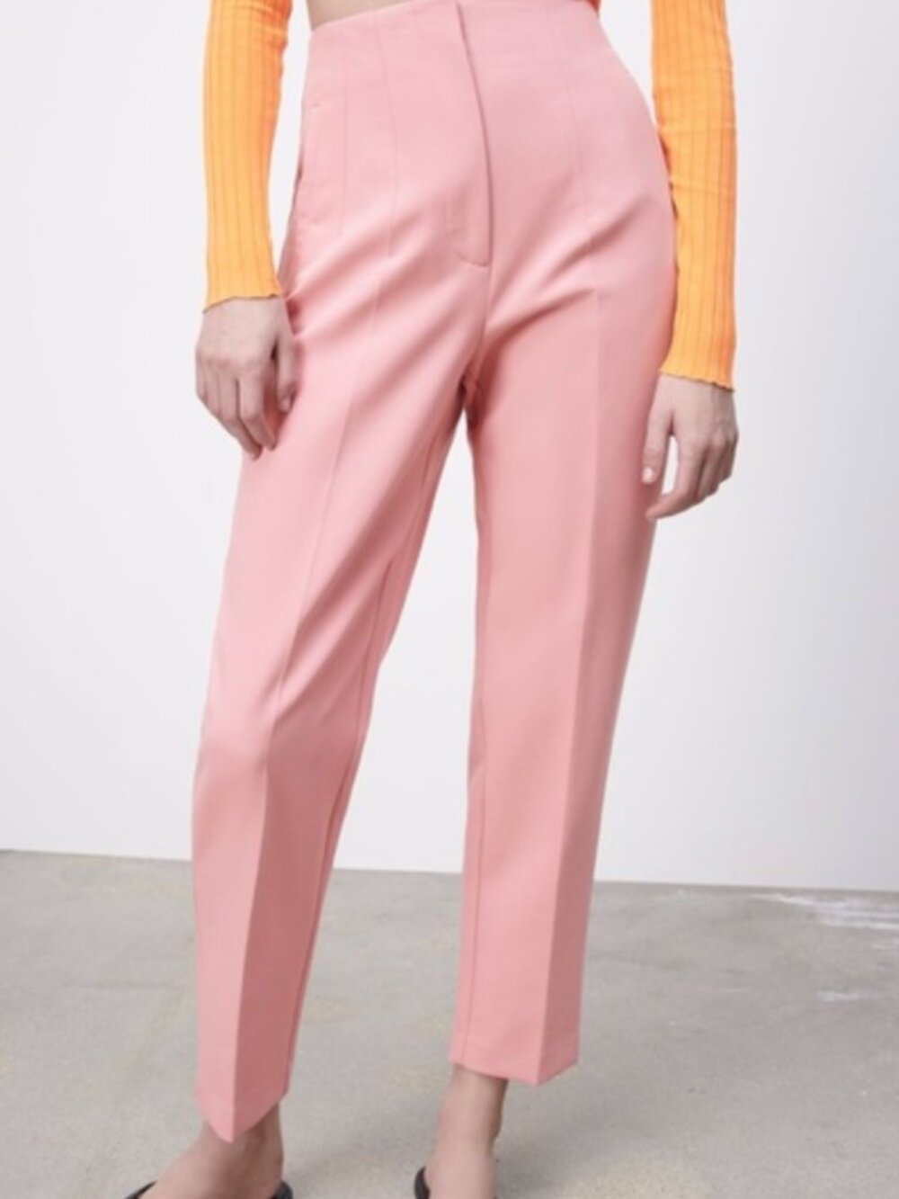 Zara High Waist Tailored Pink Trousers Pleated Straight Leg XS 1608/632
